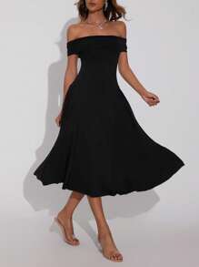 女士露肩优雅性感纯色鸡尾酒会礼服派对礼服婚礼宾客礼服