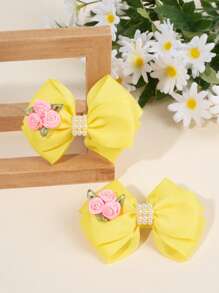 2 lazos para el pelo amarillos para mujeres y niñas, lazo de cinta de grogrén de color liso, pinzas de cocodrilo con flores y perlas, bonitas pinzas para el pelo con lazo para decoración, regalos de cumpleaños y vacaciones, pasadores de moño para niñas, accesorios para el cabello para mujeres