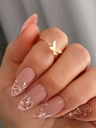 24 件简约杏仁形闪光叶指甲贴 + 果冻凝胶 + 抛光垫按压式指甲美甲用品指甲