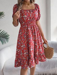 女士休闲假日泡泡袖抽绳短袖碎花连衣裙，春夏优雅款 - 紅色 - 查看 5
