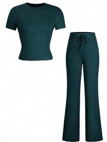 GAOVOT Women's Two Pieces Autumn Y2K Sportswear Casual Daily Solid Color Short-Sleeved Round-Neck T-Shirt Slim Straight-Leg Long Pants Set