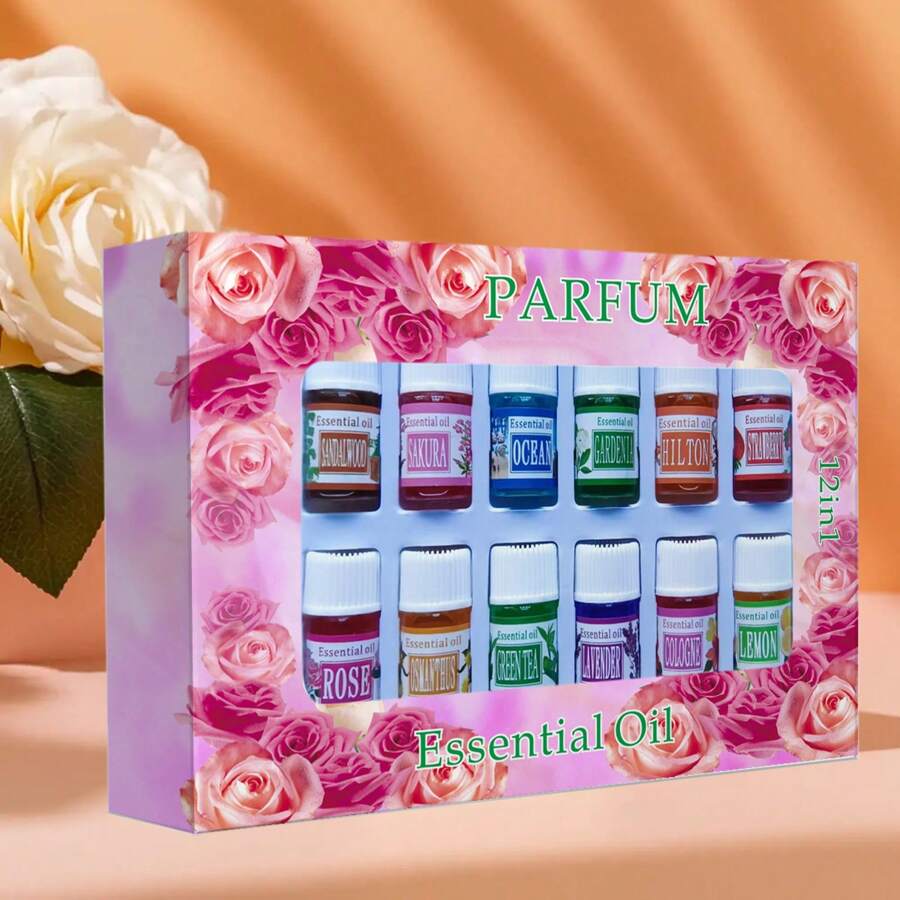 1 盒 12 瓶 X 3 毫升（0.101 液量盎司）迷你香薰精油，12 种香味（玫瑰、薰衣草、樱花、海洋、桂花、檀香、绿茶、柠檬、古龙水、茉莉、草莓），适合作为生日、情人节、圣诞节礼品套装，兼容精油扩散器