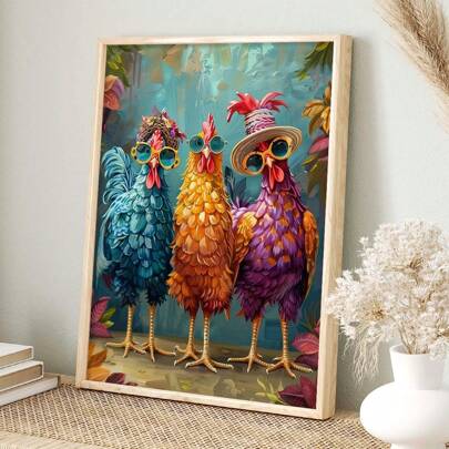 1 Piece Three Stylish Roosters On The Street, Sense Of Range In Art, Wall Arts, Posters, Modern Minimalist Living Room, Bedroom, Home Office Decor, Perfect For Room Decor - Canvas (Framed)