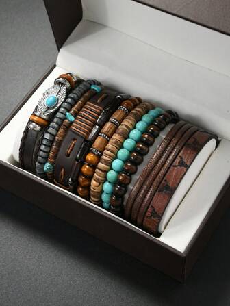 11pcs Vintage Style Turquoise, PU Leather, Wood Bead, Metal Handmade Braided Bracelet Set, Unisex Decorative Stacking Jewelry, No Box
