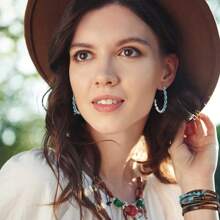 Western Jewelry For Women Bohemian Turquoise Jewelry Set Turquoise Pendant Choker Necklace Turquoise Faux Leather Cuff Bracelet Turquoise Hoop Dangle Earrings Turquoise Joint Knuckle Rings