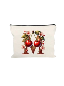 Witte make-uptas van polyestervezel, kleine witte tas, glanzend gouden kersenrode letters A-Z bedrukt patroon, make-uptas, draagbare toilettas, Moederdagcadeau, perfect cadeau voor moeders, herbruikbare make-uptas, eenvoudige grote capaciteit reismake-uptas voor vrouwen, oortelefoon, datakabel, accessoire-opslag, muntzak, multifunctioneel draagbaar cadeau voor vrouwen