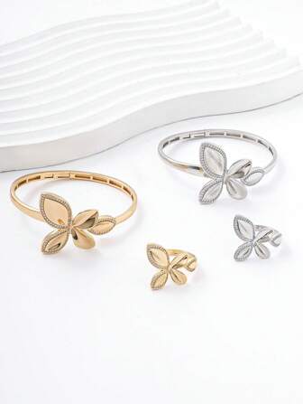 1 Set Of Butterfly Zirconia-Inlaid Open Bangles & Rings Fashion Jewelry Set For Women