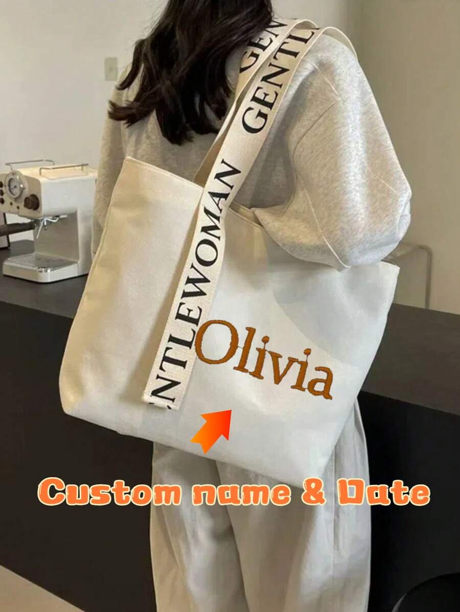 Customizable Name Embroidery Craftsmanship Personalized Large-Capacity Letter Canvas Bag Female Summer New Style Internet Celebrity Fashion Shoulder Tote Bag Out Hand-Held Shopping Bag - Multicolor - View 1