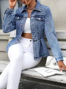 Mobula Sound # Fashionable Casual Summer Music Festival Ruffle Trim Fitted Elegant Blue Denim Jacket For Women - Blue - View 1