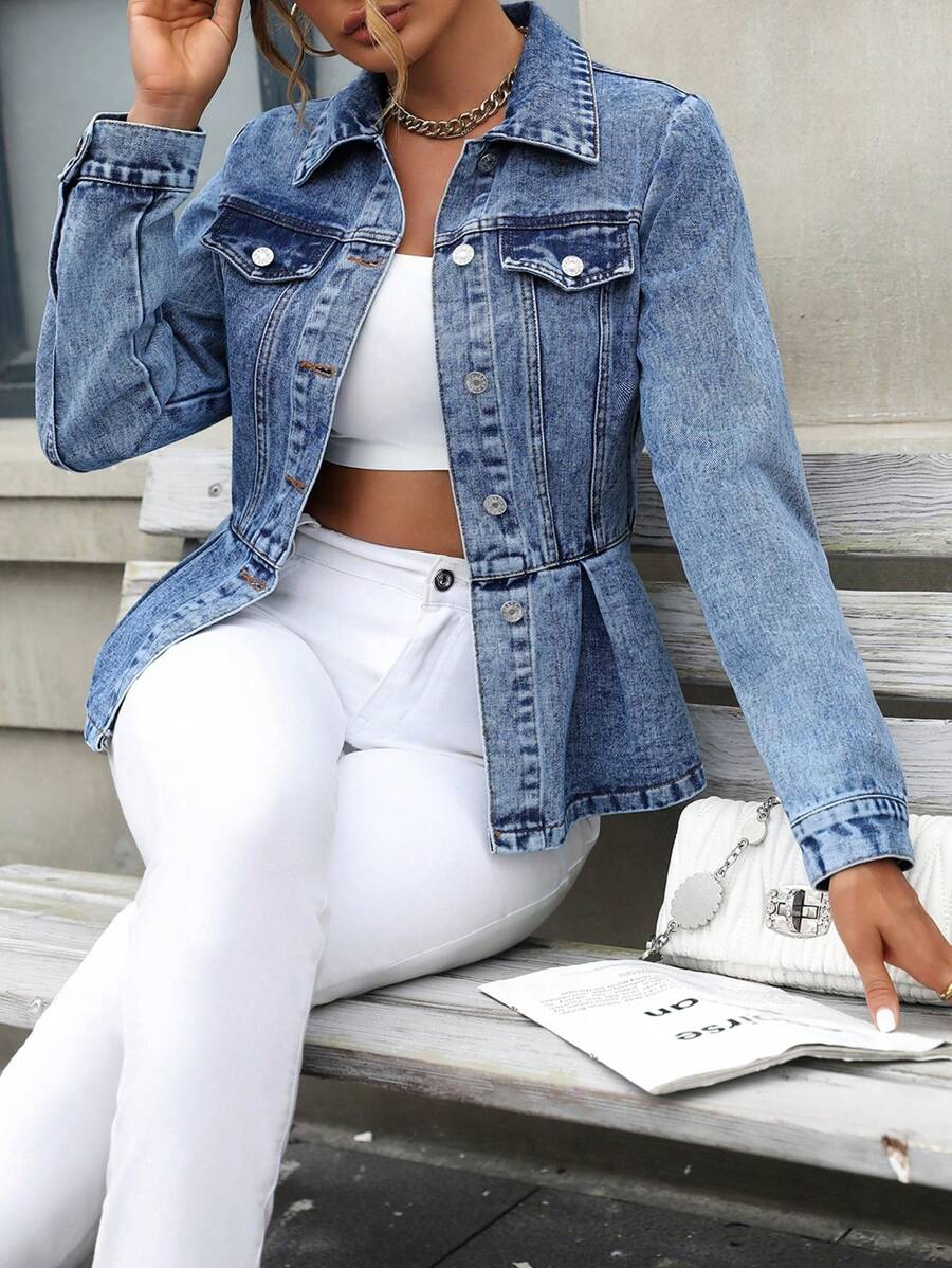 Mobula Sound # Fashionable Casual Summer Music Festival Ruffle Trim Fitted Elegant Blue Denim Jacket For Women - Blue - View 1