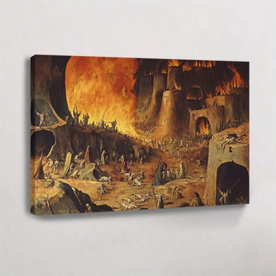 1 Pc, A Medieval Painting Of The Fiery With Many Demons And Devil, Original, Canvas, Wall Art, Living Room Wall Decorations, Bedrooms, Bathrooms, Frame Poster Art Prints, Hanging Paintings, Home Decoration, Festivals. Home 1 - Multicolor - View 1