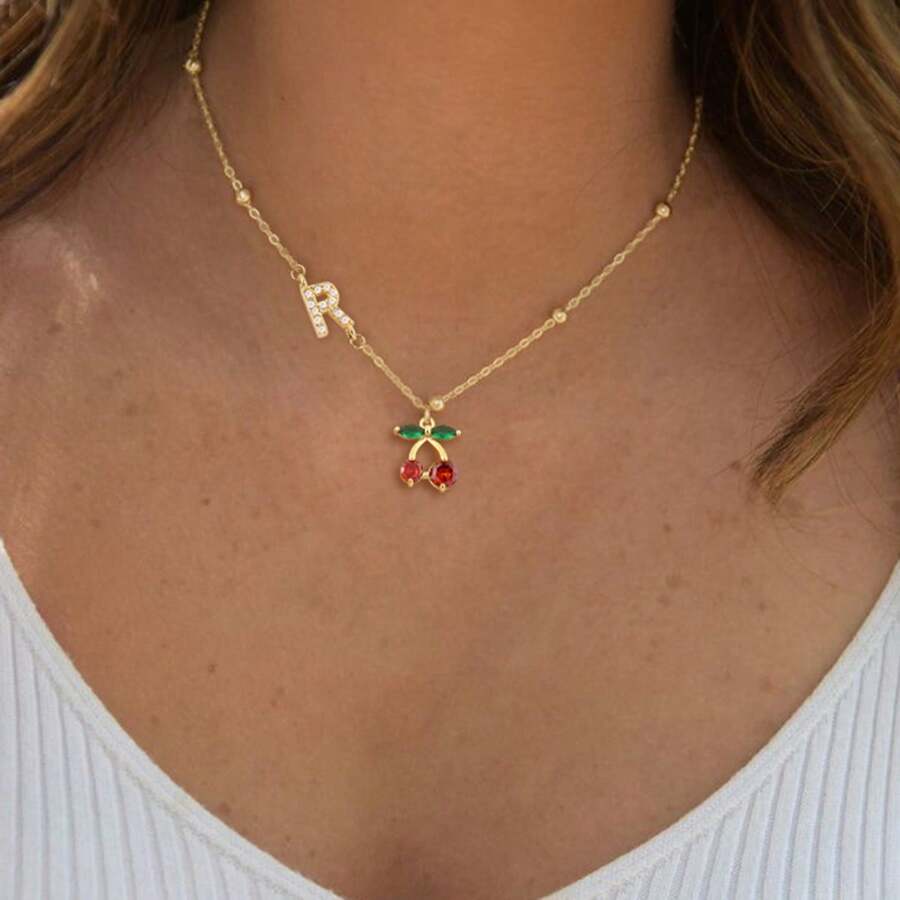 1pc New Cherry Letter Pendant Necklace, Stainless Steel Beaded Chain, Women - Gold Micro-painted - View 1