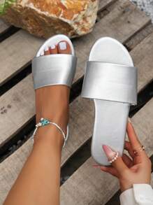 Retro Silver Open Toe Sandals Women, Round Toe Flat Anti-Slip Solid Color Plus Size Slippers,Spring Summer Outfits - Silver - View 2