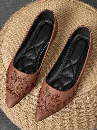 WHDXY 1 双女士刺绣平底鞋，尖头软皮舒适工作办公鞋，棕色百搭乐福鞋，休闲一脚蹬芭蕾平底鞋