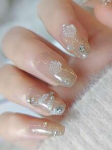 24 件椭圆形、棺材形、方形按压式指甲套装，配有美人鱼水晶猫眼石，包括 1 件果冻凝胶和 1 件锉刀按压式指甲