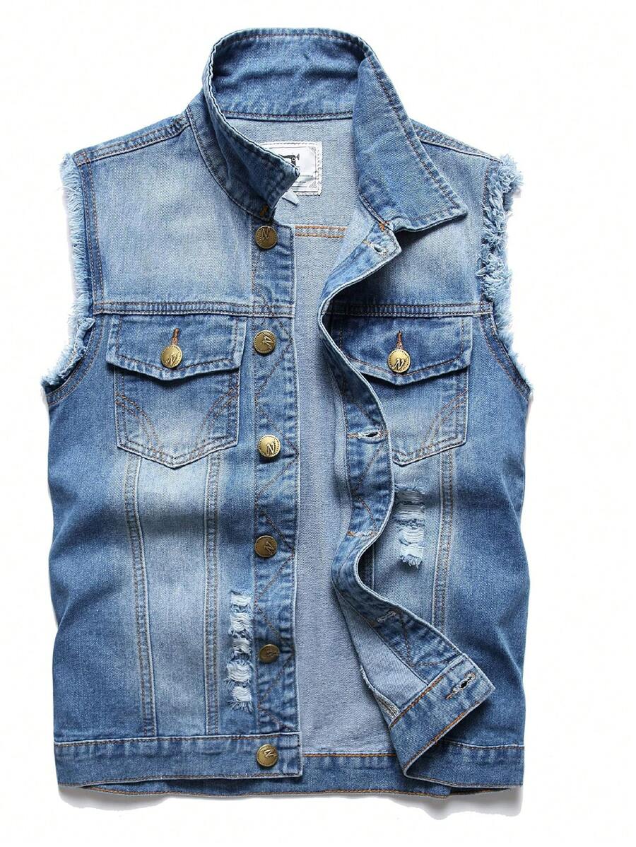 Men's Denim Vest Sleeveless Jacket Slim Fit Vintage Casual Ripped Summer Jean Vest For Men - 淺藍色 - 查看 1