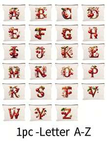 Witte make-uptas van polyestervezel, kleine witte tas, glanzend gouden kersenrode letters A-Z bedrukt patroon, make-uptas, draagbare toilettas, Moederdagcadeau, perfect cadeau voor moeders, herbruikbare make-uptas, eenvoudige grote capaciteit reismake-uptas voor vrouwen, oortelefoon, datakabel, accessoire-opslag, muntzak, multifunctioneel draagbaar cadeau voor vrouwen