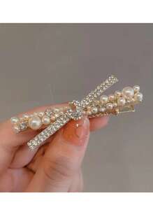 1pc Cross Pearl Hair Clip, Luxury Bow Hair Clip, New Model Crossed Pearl Side Bangs Clip, Sweet Girl Hair Accessories