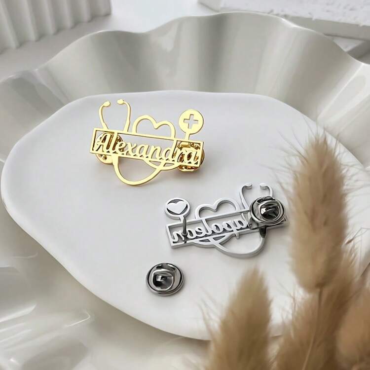 1pc Elegant Customizable Stainless Steel Caduceus Brooch - Personalized Doctor Name Badge With Heart And Cross Design, Nurse Gold Medical Jewelry, Men's Fashion Accessories - Gold - View 4