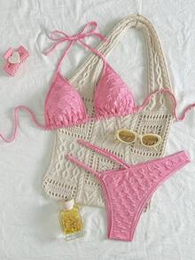 Conjunto de bikini de tirantes finos y escote de halter liso para playa de verano