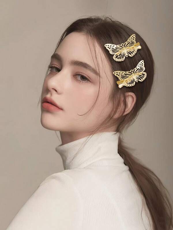 2pcs Gold Butterfly Hair Clips For Women, Versatile Side Clip, Bangs Clip, Fashionable Outdoor Hair Accessory