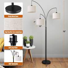 78" 3-Light Modern Ary Switch Black Arc Floor Lamp With Linen Drum
