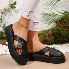 Soft Leather Thick Sole Slide Sandals, Women Summer New Retro Fashion Outdoor Slip-On Closed Toe Slippers - Black - View 5