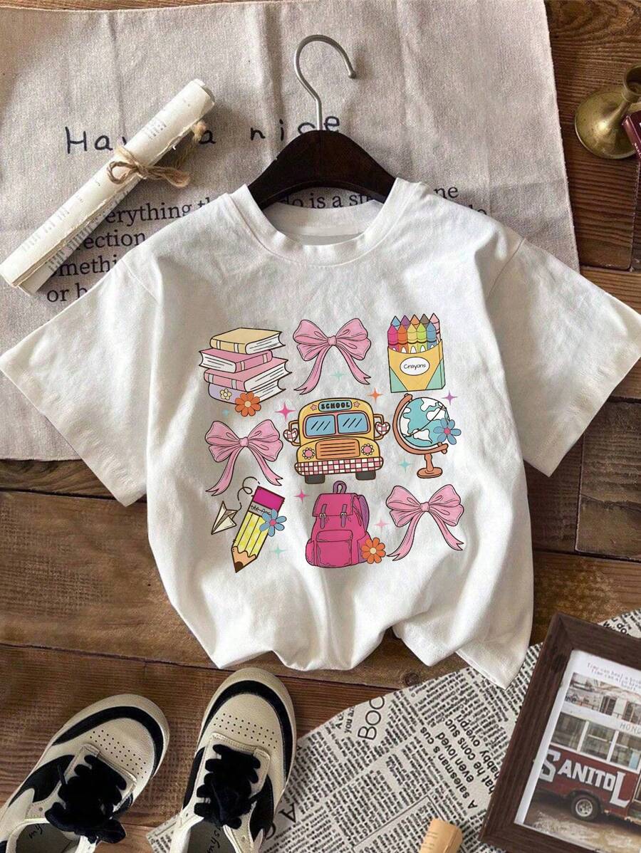 Girls' Cartoon Bow Print Round Neck Short Sleeve T-Shirt, Casual Tee For Spring & Summer - White - View 1