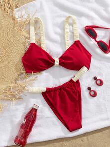 全新柔软纯色粗肩带性感优雅派对海滩女士比基尼套装，夏季海滩时尚女士比基尼 - 紅色 - 查看 1