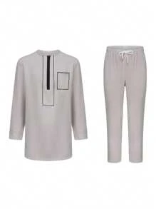 Kaftan Men's Suit Long Sleeve Embroidered Pocket Design Top And Casual Pants 2 Pieces Festive Wedding Traditional Men's Suit