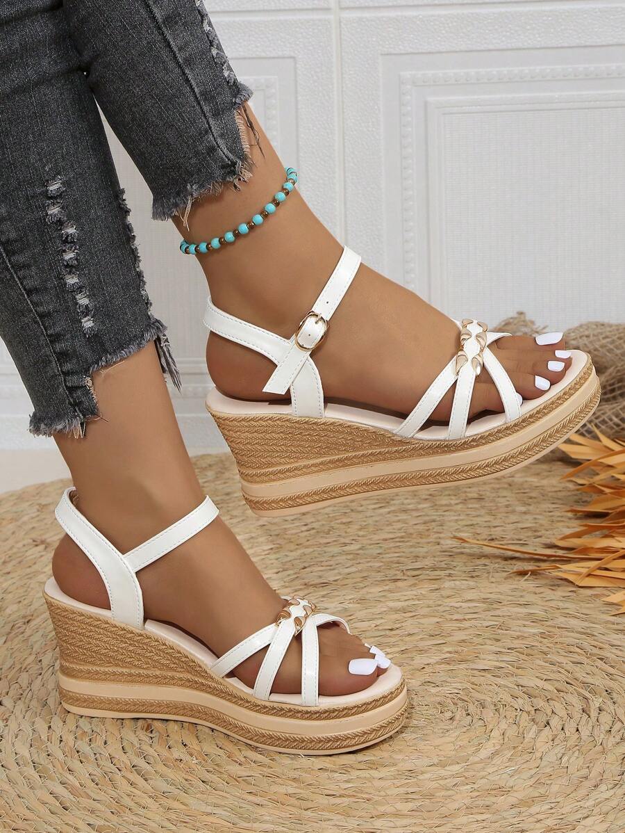 Summer Casual Wedge Sandals With Buckle Closure, Metal Beaded Open Wedge Toe, Comfortable Man-Made Material Shoe,Travel Essential - White - View 1