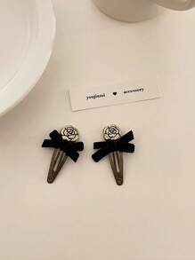 1 Pair Black Velvet Bowknot Simulated Copper Vintage Camellia Hair Clips