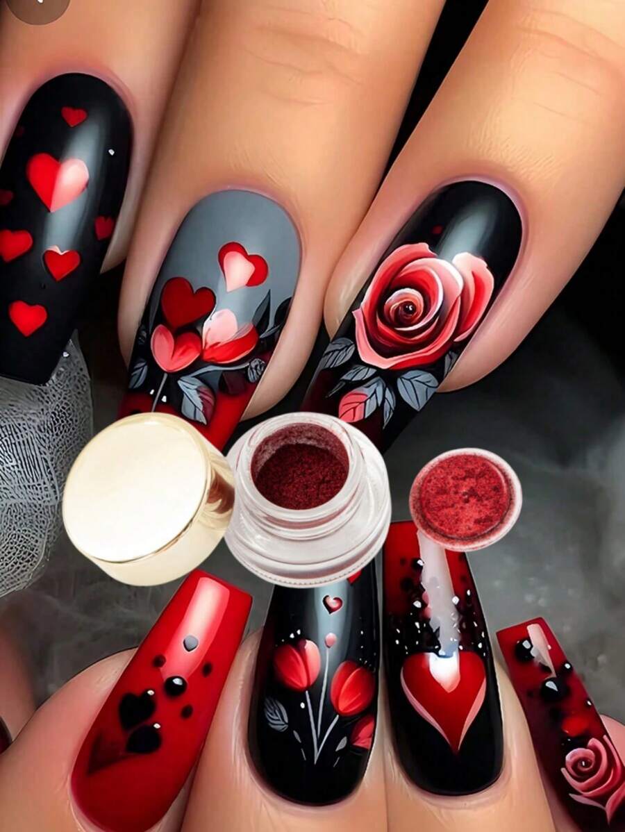 Valentine's Day Cute & Fashionable Red, Black, Red Ombre Nail Powder, Elegant Red Rose Design, DIY Nail Powder, Valentine's Day False Nails Suitable For Women & Girls Nail Salon, Including Home Nail Salon - Multicolor - View 1