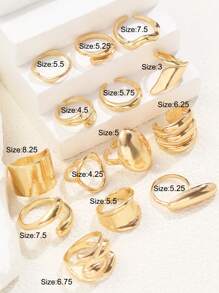 Set de 14 anillos de lujo y estilo exagerado y sexy para mujeres, joyería de moda para uso diario, fiesta, boda, regalos para novias y amigas - Amarillo Oro - Ver 6