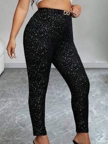 Women Plus Size High Waist Bodycon Long Knitted Pants - Black - View 3