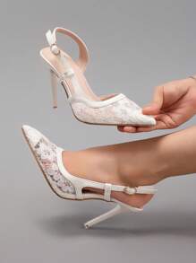 2025秋冬女士蕾丝拼接白色高跟鞋镂空透气性感尖头时尚宴会婚礼细高跟凉鞋，优雅，女士高跟鞋，高贵典雅