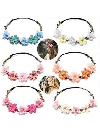 6pcs Flower Crown For Women Girls Flower Headbands Flower Girl Headpiece Bride Bridesmaid Wedding Headdress Boho Flower Head Bands Hair Wreath Accessories Tiara For Little Girls Baby Toddler, Polyester Material