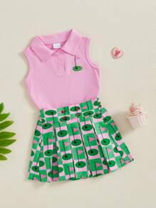 Kids Girl 2 Piece Outfit Lapel Sleeveless Tank Tops And Golf Print Pleated A-Line Skirt Set For Toddler Summer Clothes - Green - View 5