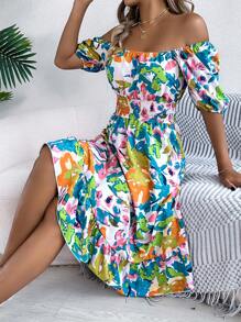 Women's Casual Vacation Puff Sleeve Drawstring Floral Mini Dress, Spring/Summer - màu xanh lá - Xem 6