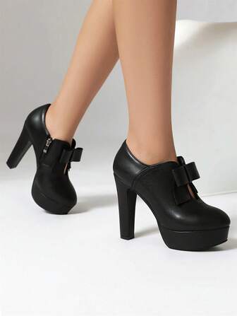 女士超高跟玛丽珍鞋 12 厘米 新款春夏复古蝴蝶结柔软防水台粗跟高跟鞋