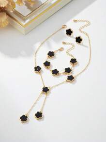 时尚经典黑色幸运五叶草吊坠女士项链一条、手链一条、耳环一对套装、女士首饰套装（部分黑膜需撕掉） - 黑色 - 查看 2