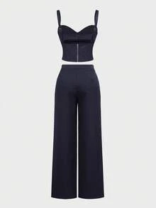 2pcs Set Women Commuting Outfit: Striped Camisole Top + Wide Leg Loose Casual Trousers