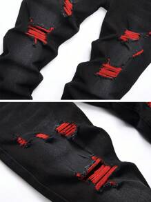 JUNBAOSS Pantalones vaqueros ajustados elásticos para hombre, pantalones vaqueros ajustados rotos para hombre, moda desgastada, rectos, cómodos, cintura flexible - Negro - Ver 3