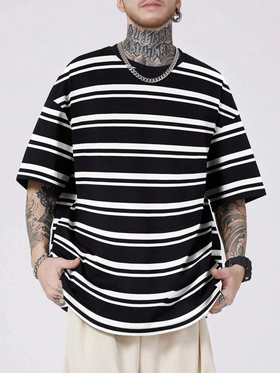 Men Plus Striped Print Drop Shoulder Tee - Black and White - View 1