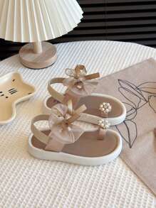 舒适、优雅、公主风女童平底凉鞋，时尚休闲，适合夏季户外穿着 - 香檳色 - 查看 2