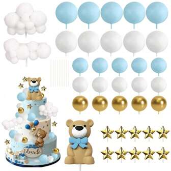 38Pcs Blue Bow Bear Cute Mini Teddy Bear Cake Decorations With Bear Figurine Bolls Stars Clouds Cake Toppers For Bear Theme Party Supply,Christmas