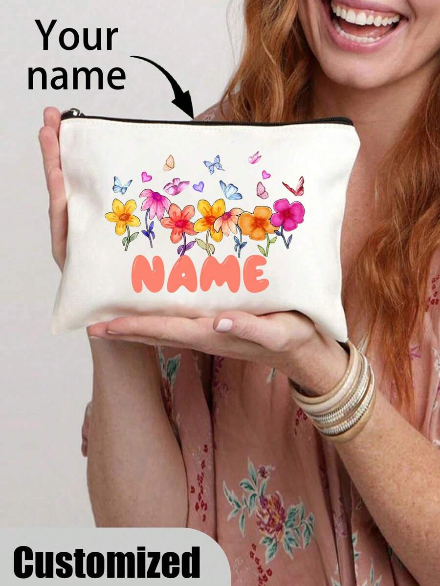 [Custom Made] Polyester Flower Design Cosmetic Bag For Women - Waterproof, Large Capacity,Personalized Name,Unscented, Portable Zip Makeup Pouch, Travel Essential, Gift For Flower Lovers - Exclusive Gift - Beige - View 1