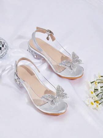 1 Pair Little Girls Toddlers Bow Decor PU Leather Chunky Crystal Heel Comfortable Elegant Versatile Dress Sandals, Suitable For Spring Summer Autumn