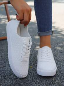 Women's White Sneakers - Flat Shoes, Casual Sports Shoes, Thick-Sole Influencer Style, Non-Slip Elevated Leather Upper Student Shoes - White - View 2