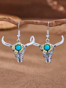 1 paire de boucles d'oreilles rétro de cowgirl western avec design de tête de taureau turquoise, boucles d'oreilles western bohèmes vintage, bijoux d'été pour femmes, cadeau de bijoux rétro MONLOTTI